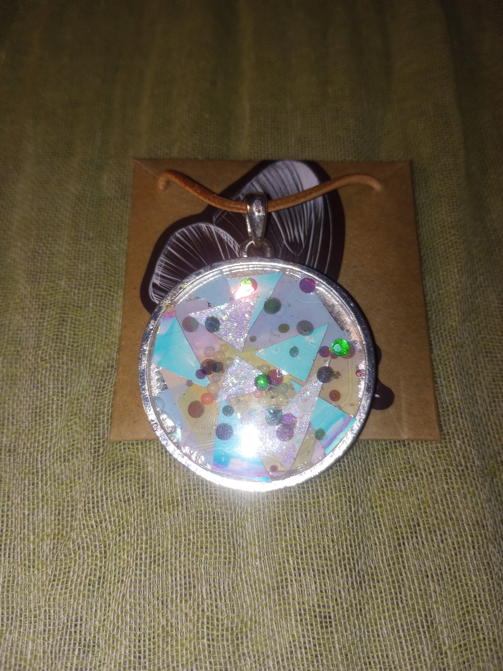 Iridescent Confetti Round Pendant Necklace-One Of A Kind